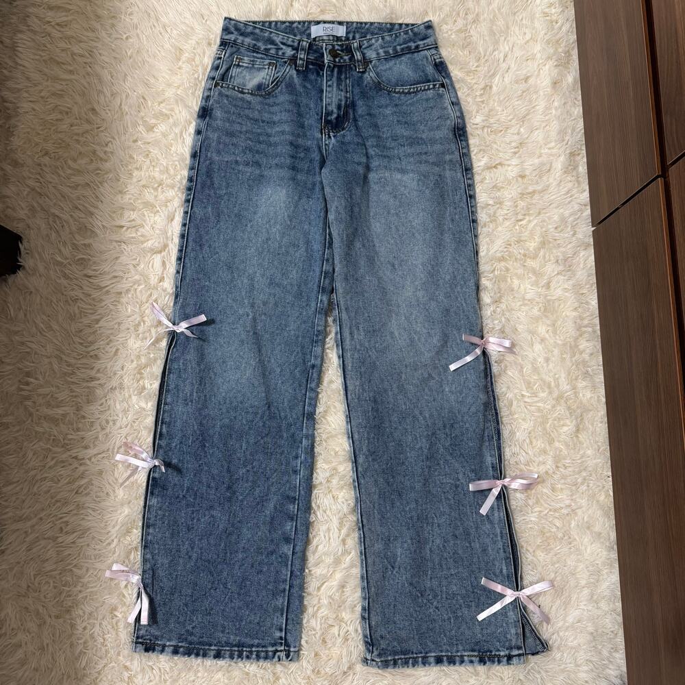 Rise Supply Co Bow Jeans Size 0 Wide Leg Pink Ribbon Side Slit